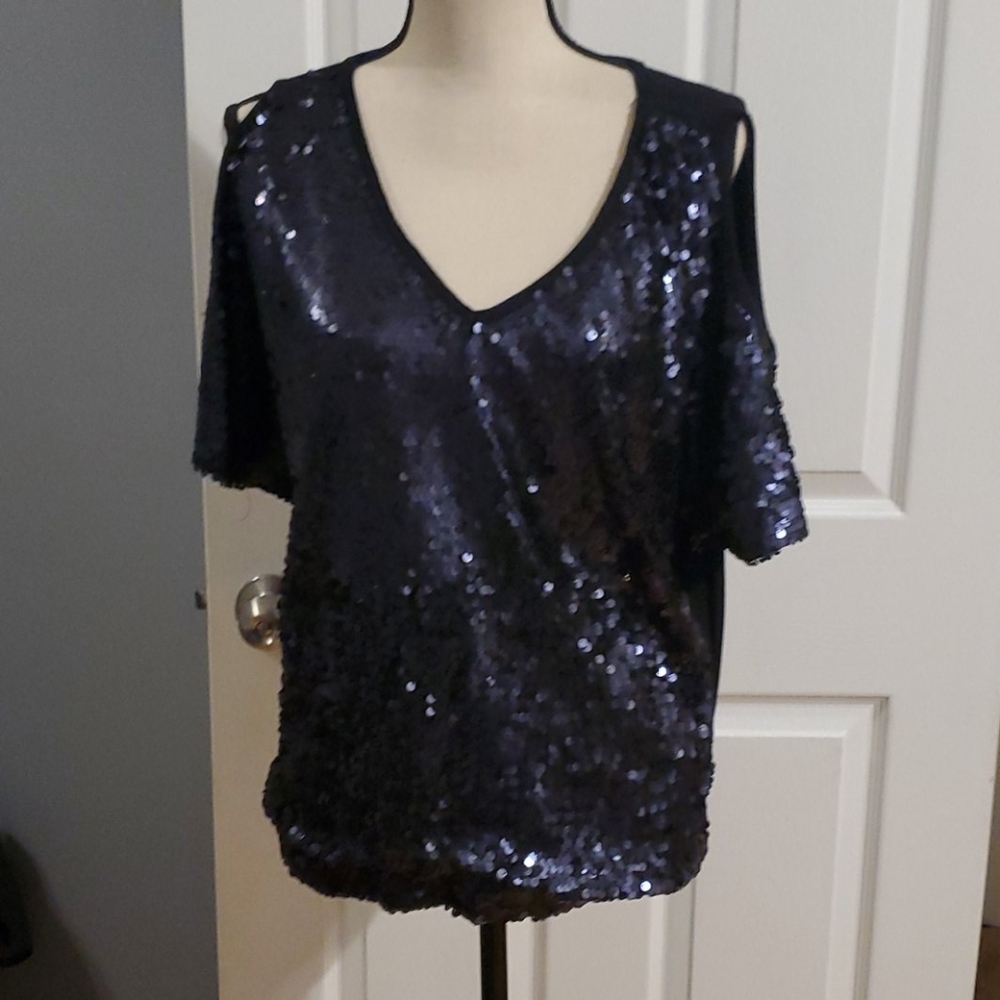 VENUS black sequin front cold shoulder top - Picture 1 of 5